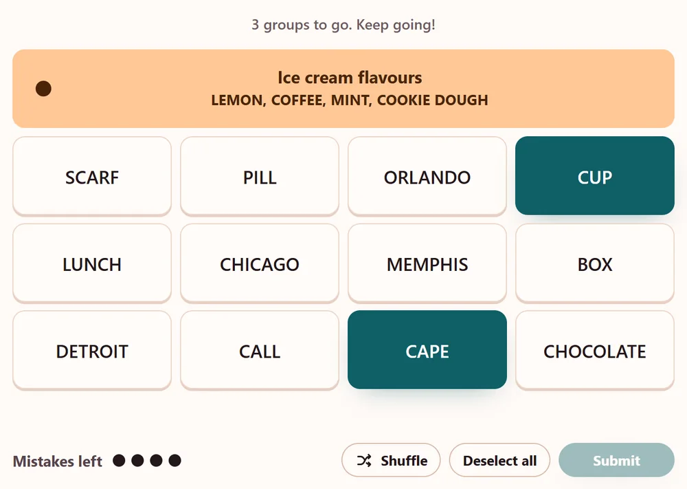 A random puzzle in English: Ice cream flavours found as the apricot band at the top, Cup and Cape picked for the next four, and all four mistakes still left.